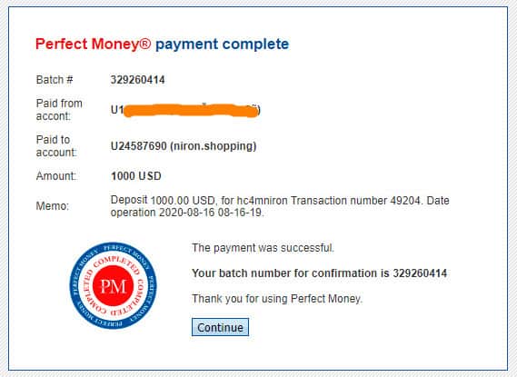 niron shopping payment proof
