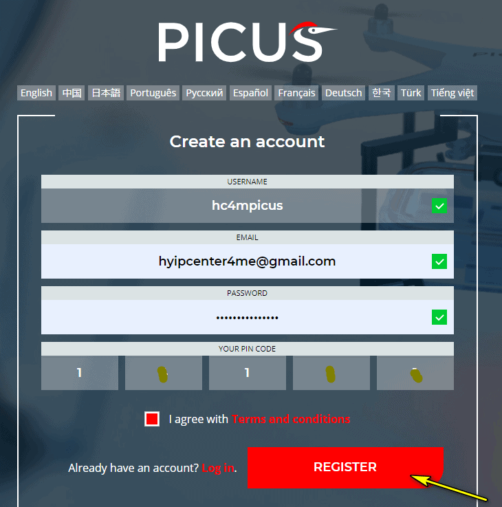 picus register account