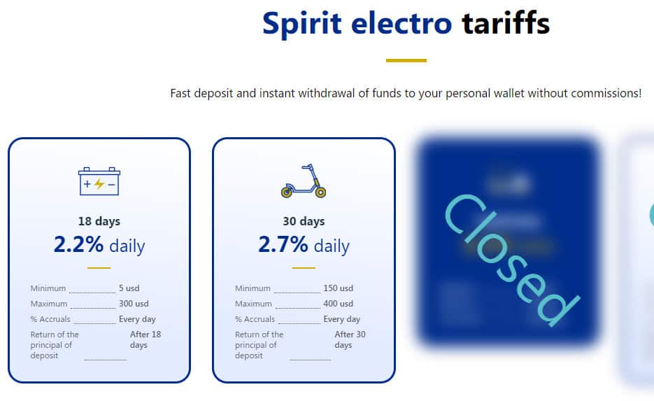 spirit electro investment plans