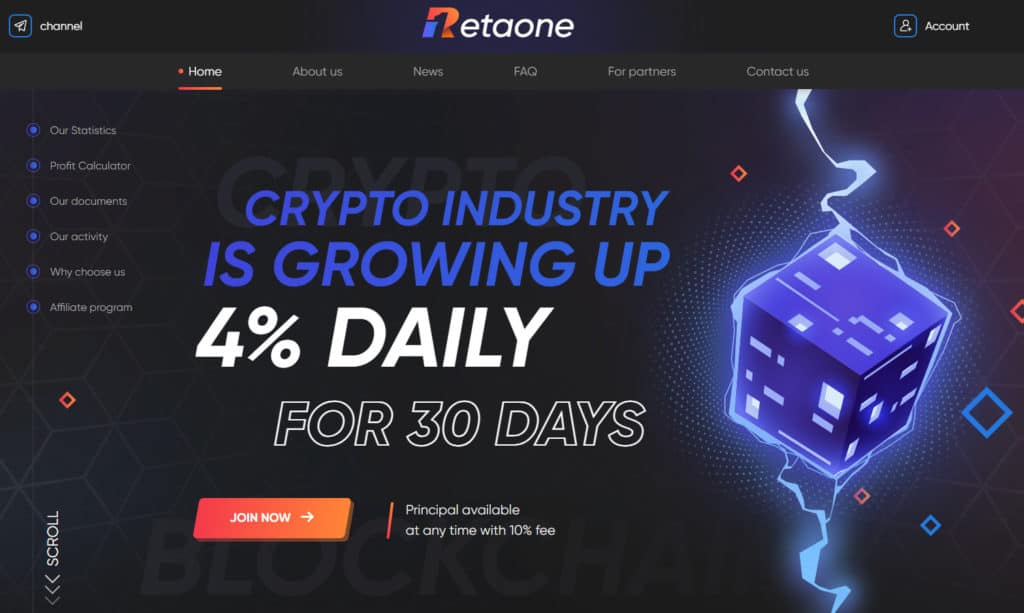 retaone review 1024x613 - [SCAM - DỪNG ĐẦU TƯ] Retaone: Lợi nhuận 4%/ ngày trong 30 ngày, rút vốn bất kì với phí -10%