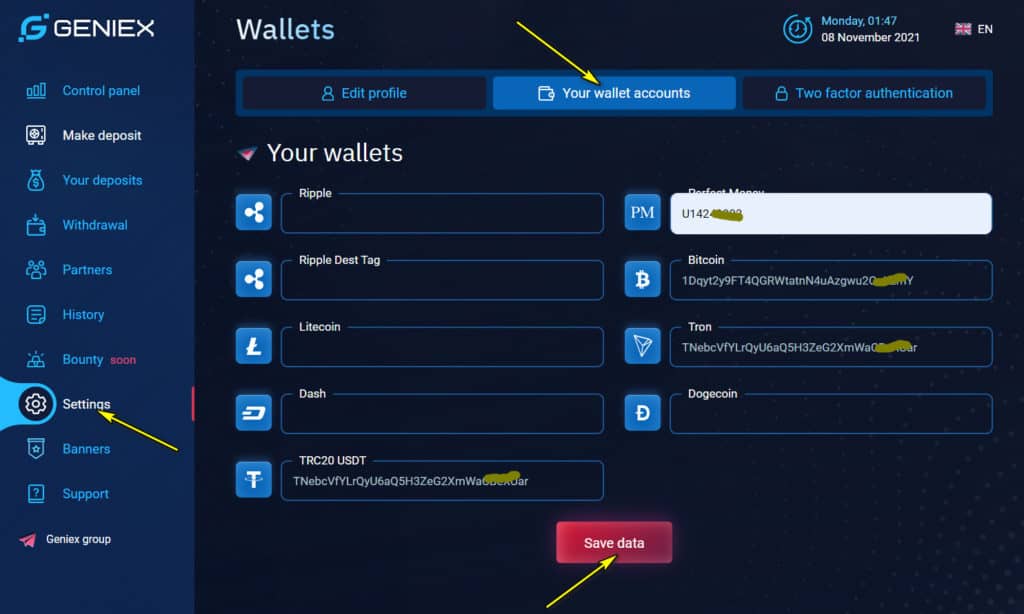geniex add wallet
