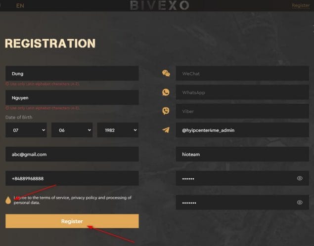 bivexo register account
